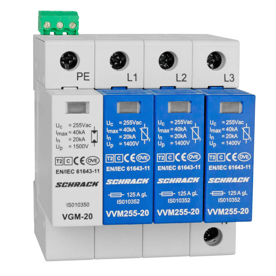Túlfeszültség levezető készlet 3+1 TII 255V/20kA TT,TN-S+s.é
