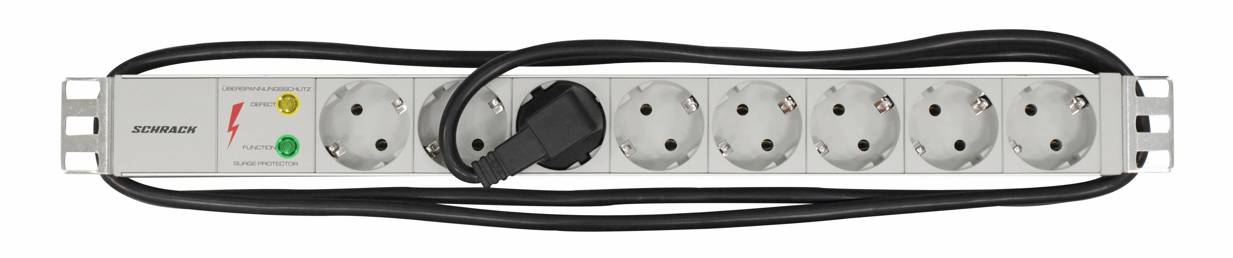 19" dugaszolóaljzatsáv, 8x 2P+F, +túlfesz. védelem, 1U, 2fm kábellel